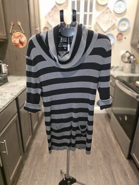 Premise Black and Gray Striped Cowl Neck Sweater Tunic